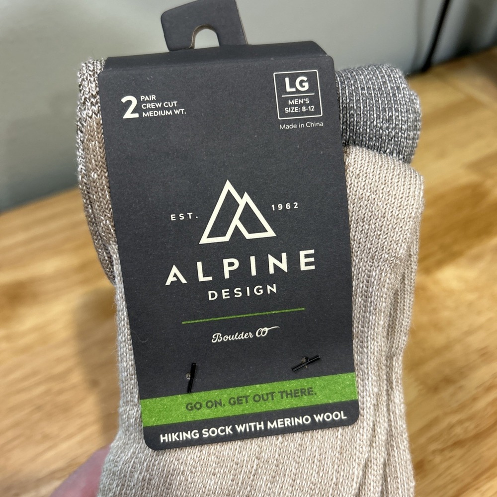 Alpine Design Crew Cut Merino Wool Hiking Socks Grey Tan Mens Large 8-12 2-Pack